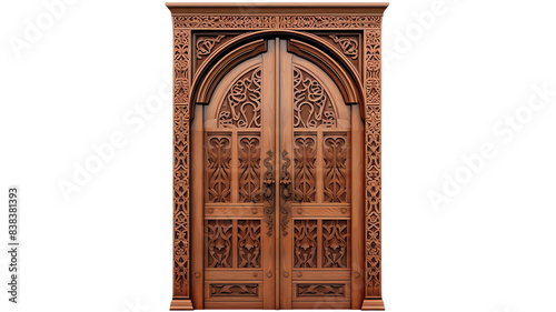 Intricately carved wooden door with beautiful floral patterns and two large, arched panels. Perfect for enhancing historic or elegant home designs.
