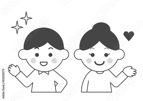 笑顔の若い男女のモノクロイラスト