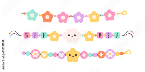 Kids jewelry set. Colorful handmade bracelets with plastic beads. Friendship bracelets. Vector illustration in flat style