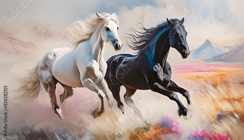 Digital painting depicts a white and black horses running across a grass field. The dynamic and artistic scene is perfect for use in advertisements, posters, book covers, and wall decoration
