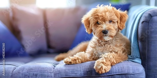 Poodle mix relaxes on comfy couch radiating warmth and love as pet. Concept Poodle Mix, Comfy Couch, Pet Love, Relaxation, Warmth photo