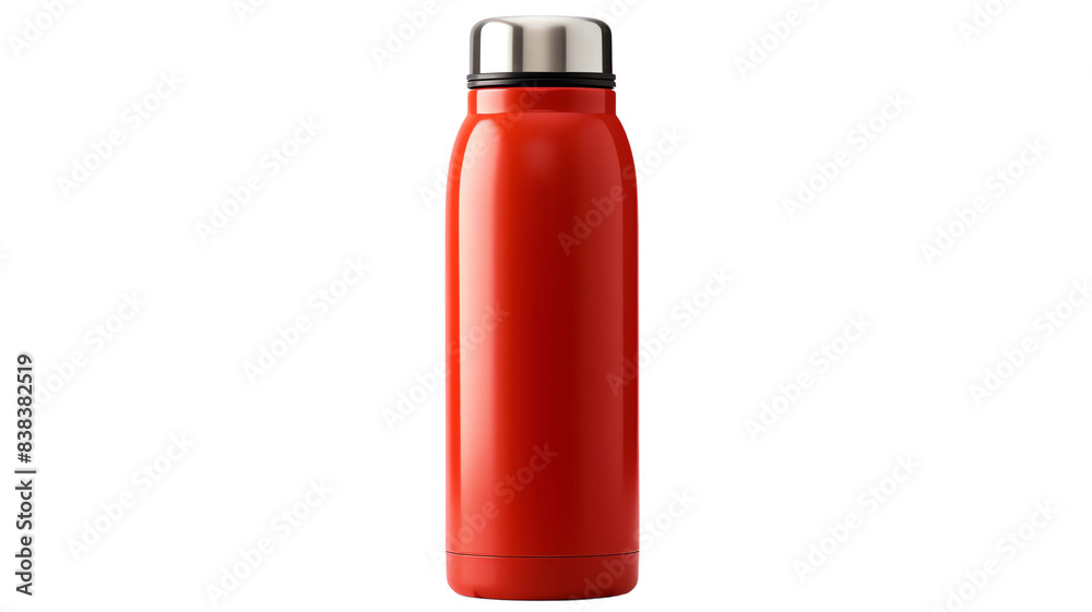 Red stainless steel thermos bottle isolated on a white background. Ideal for hot and cold beverages, perfect for travel or outdoor activities. Red stainless steel thermos bottle isolated on a white background. Ideal for hot and cold beverages, perfect for travel or outdoor activities.