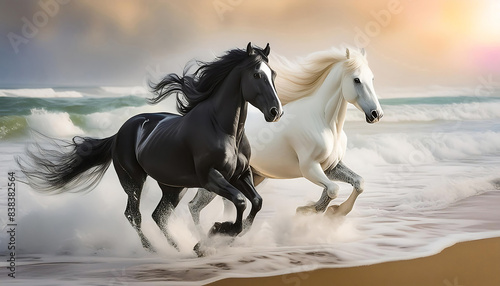 Digital painting depicts a white and black horses running across a sea shore. The dynamic and artistic scene is perfect for use in advertisements, posters, book covers, and wall decoration