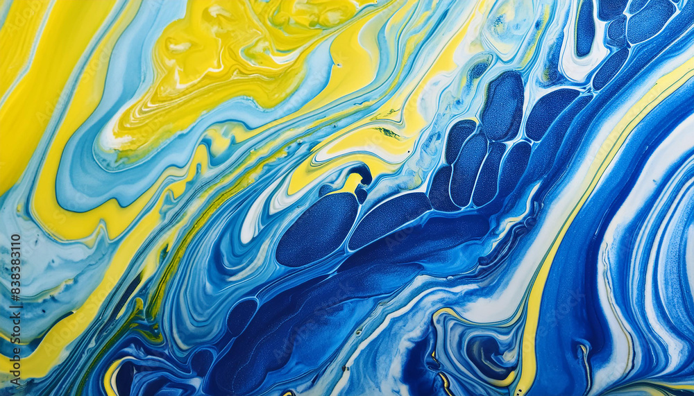 Fototapeta premium Abstract blue and yellow acrylic surface. Liquid marble pattern texture background. Flowing shapes