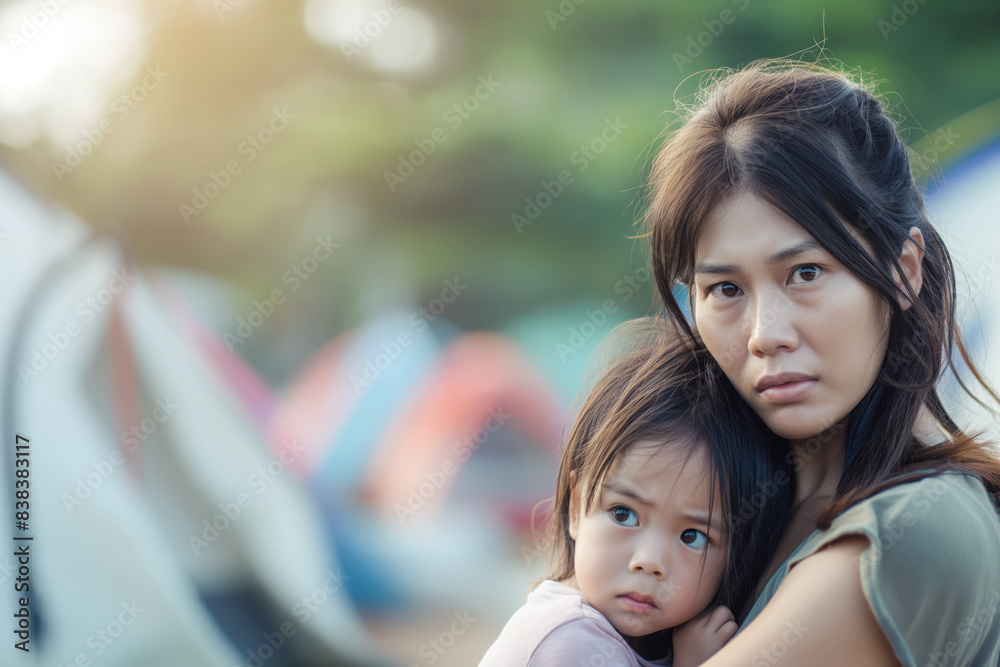Obraz premium Asian mother holding her child in refugee camp. Tents and a concerned expression highlight their struggle and resilience