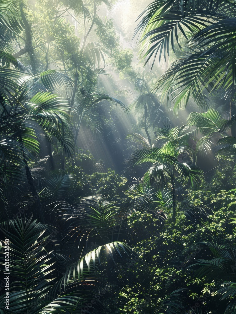 Dark rainforest, sun rays through the trees, rich jungle greenery. Atmospheric fantasy forest. 3D illustration. hyper realistic Dark rainforest, sun rays through the trees, rich jungle greenery. Atmospheric fantasy forest. 3D illustration. hyper realistic