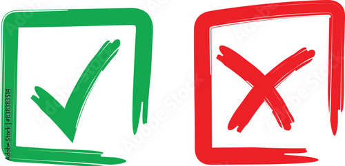 Green tick symbol and red cross sign in circle. Icons for evaluation quiz. Vector.eps10