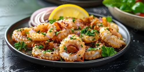 Fried calamari with lemon and onion on a plate. Concept Seafood, Appetizer, Lemon, Onion, Presentation