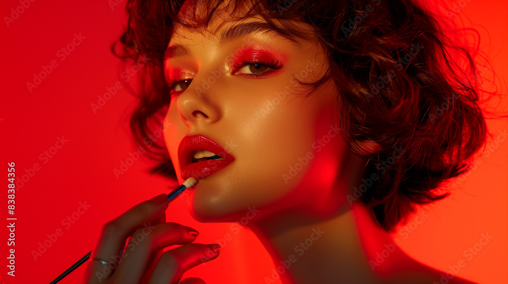 beautiful woman doing makeup in red colors with red cosmetics beautiful woman doing makeup in red colors with red cosmetics