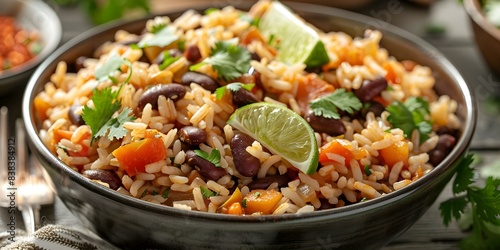 Closeup of colorful red beans and rice with cilantro and lime. Concept Food Photography  Mexican Cuisine  Ingredients Closeup  Vibrant Colors  Fresh Herbs