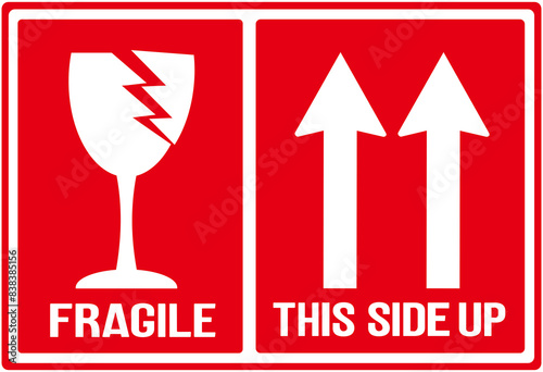 A logistic sign  in red color that warns : fragile and this side up