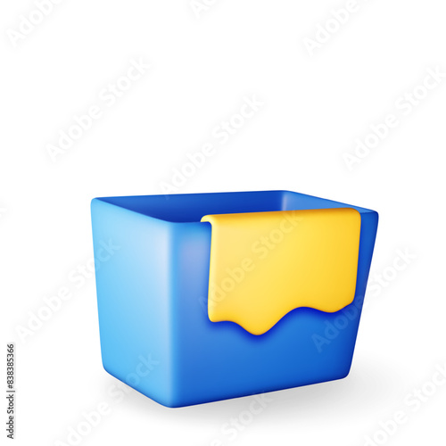 3D wash water basin with cloth isolated on white. Render square cleaning bucket with duster icon. House cleaning equipment. Household accessories. Realistic vector illustration