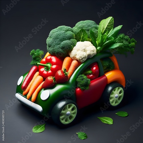 Vegetable Car Symbolizing a Healthy Lifestyle on Black Background, symbolizing healthy food and lifestyle