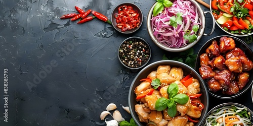 Flat lay of various Asian chicken dishes with copy space for recipes. Concept Flat Lay Photography, Asian Chicken Dishes, Copy Space, Recipes, Food Styling