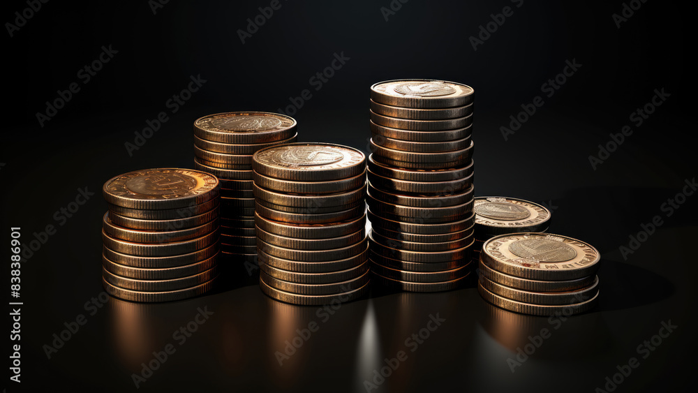 Stacks of coins arranged neatly on a dark surface, symbolizing wealth and financial stability.
Stacks of coins arranged neatly on a dark surface, symbolizing wealth and financial stability.