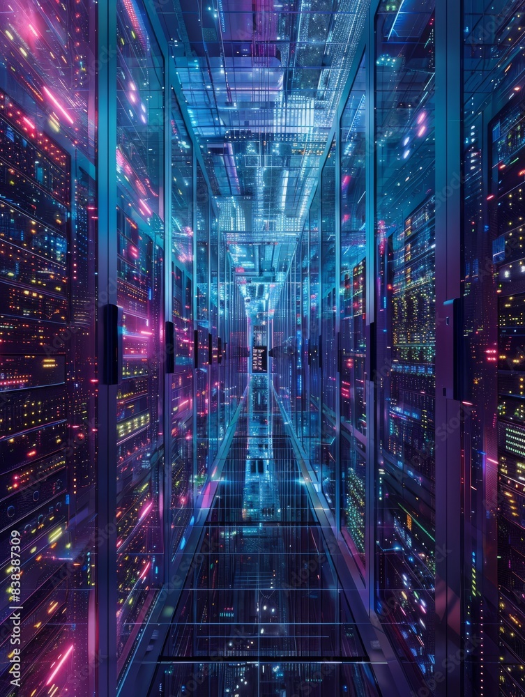 physical and digital converge in an architectural marvel. the data center. In this surreal landscape, rows of hardware and servers stretch into infinity hyper realistic physical and digital converge in an architectural marvel. the data center. In this surreal landscape, rows of hardware and servers stretch into infinity hyper realistic
