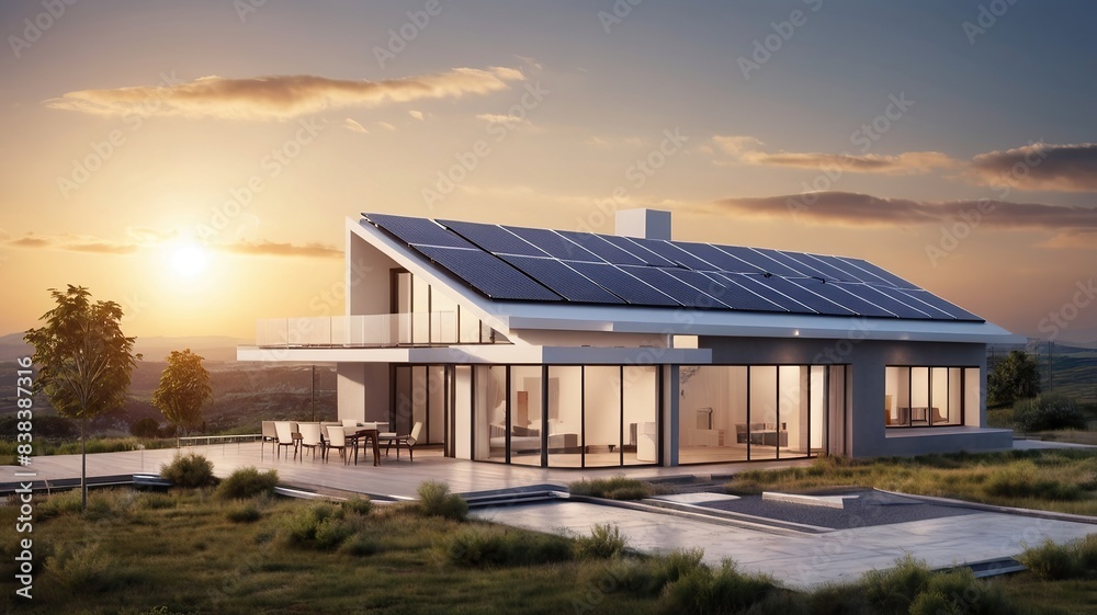 New Modern eco house with solar panels and windmills to use alternative energy3d rendering New Modern eco house with solar panels and windmills to use alternative energy3d rendering