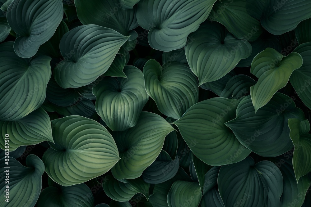 Abstract Green Foliage Background, Large Leaves on Dark Background, Top View Abstract Green Foliage Background, Large Leaves on Dark Background, Top View