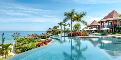 Luxury tropical resort with ocean view swimming pools palm trees and huts. Concept Tropical Paradise  Luxury Resort  Ocean View Pools  Palm Trees  Huts