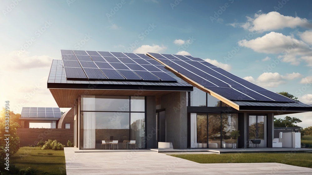 New Modern eco house with solar panels and windmills to use alternative energy3d rendering New Modern eco house with solar panels and windmills to use alternative energy3d rendering
