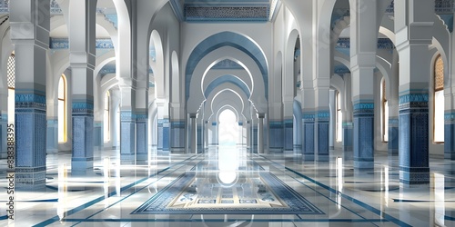 3D render of a Moroccan mosque interior with realistic digital painting. Concept Moroccan Architecture, Interior Design, Digital Art, 3D Rendering, Mosque Painting photo