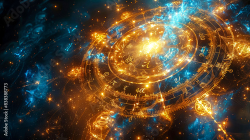 Golden disk adorned with ancient numerology symbols glows mystically, evoking astrology and the wheel of fate—a mysterious vision of magic, occultism, and clairvoyance. Blue background.