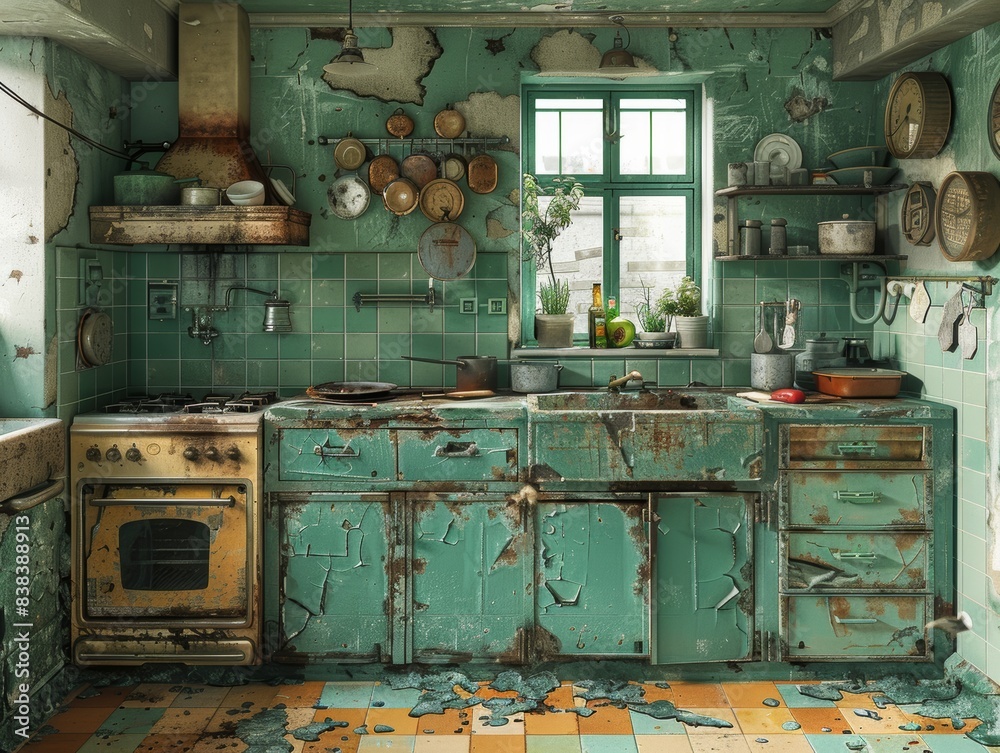 Rundown kitchen with dirty dishes, food stains, and cracked tiles. Rundown kitchen with dirty dishes, food stains, and cracked tiles.