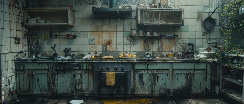 Rundown kitchen with dirty dishes, food stains, and cracked tiles.
