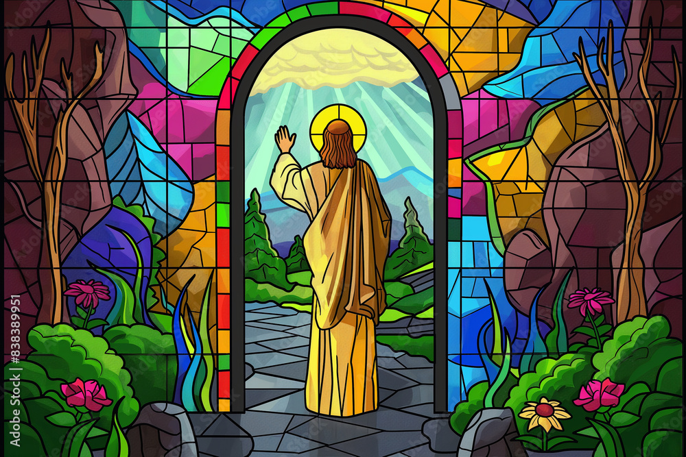 The Narrow Gate Jesus standing before a narrow path. Stained glass style Stock Photo Adobe Stock