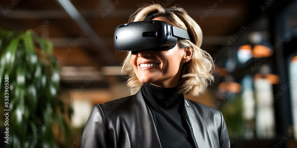 Smiling woman in VR glasses with blurred office background in portrait. Concept Technology, Portrait Photography, Virtual Reality, Office Setting, Smiling Woman Smiling woman in VR glasses with blurred office background in portrait. Concept Technology, Portrait Photography, Virtual Reality, Office Setting, Smiling Woman