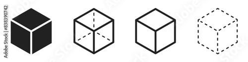 Cube icons set. Three-dimensional shape in flat, linear and dotted styles. 3D square isolated - stock vector.