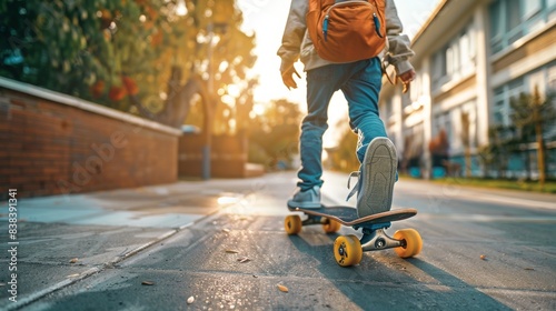 young student with a backpack riding on a skateboard in the city, holding a bag and wearing sneakers. Back view of a student going to school or college, university, back to school