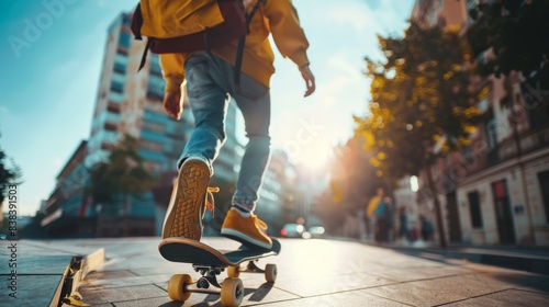 young student with a backpack riding on a skateboard in the city, holding a bag and wearing sneakers. Back view of a student going to school or college, university, back to school