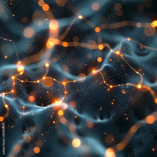 Abstract depiction of interconnected glowing network with blurred lights on a dark background, representing neural or technological connections. photo