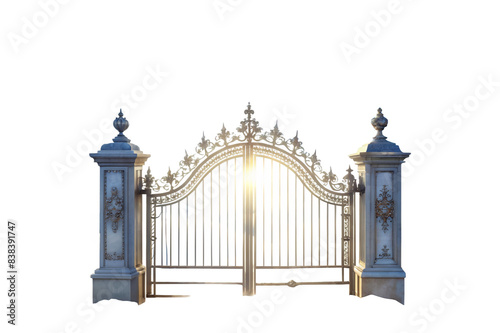An ornate wrought iron gate adds a decorative touch to an old architectural design