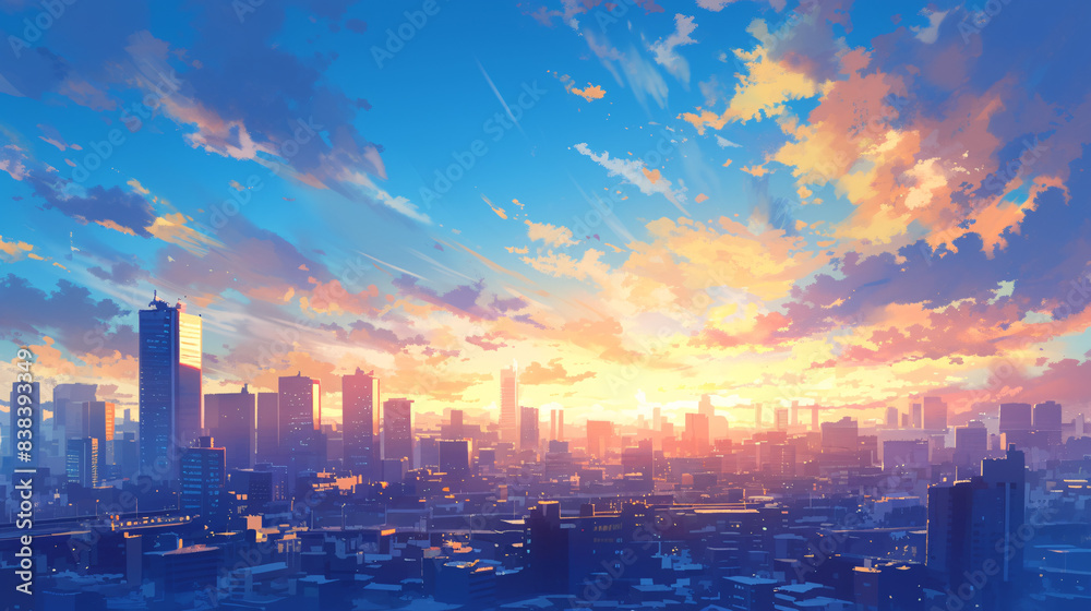 Fototapeta premium Vibrant Anime Cityscape at Sunset with Warm Hues and Serene Sky