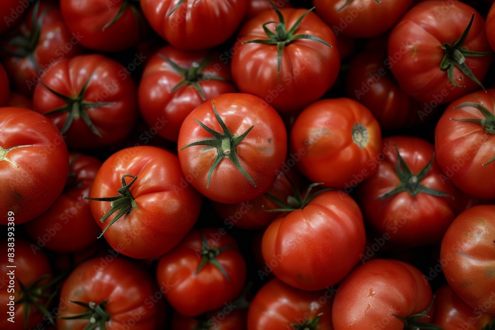 A bunch of red tomatoes are piled on top of each other. The tomatoes are ripe and ready to be eaten A bunch of red tomatoes are piled on top of each other. The tomatoes are ripe and ready to be eaten
