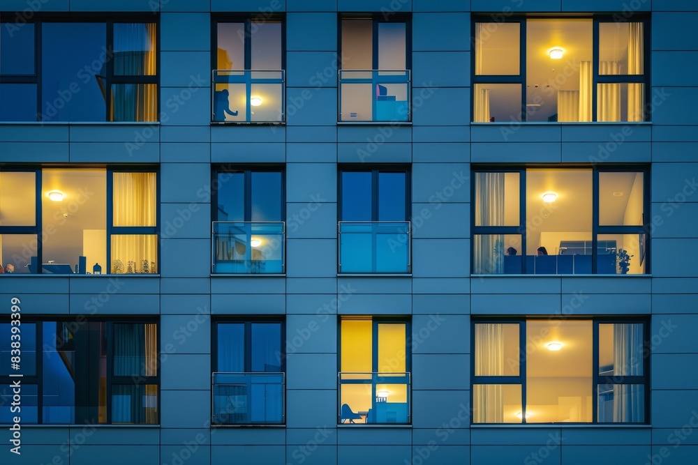 A building with many windows at night. The windows are lit up at night. The building appears to be a high rise apartment building A building with many windows at night. The windows are lit up at night. The building appears to be a high rise apartment building