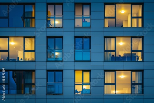 A building with many windows at night. The windows are lit up at night. The building appears to be a high rise apartment building