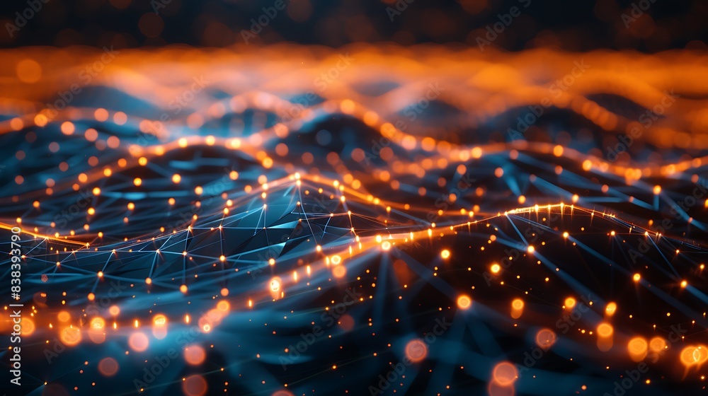 Abstract digital landscape with glowing orange and blue lights, representing data flow, connectivity, and futuristic technology. 3D Illustration.