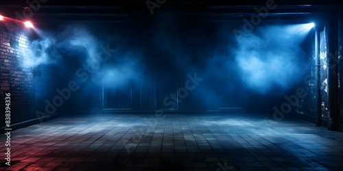 Dark blue room with neon searchlight smoke and empty atmosphere. Concept Dark Room, Neon Searchlight, Smoke Effects, Eerie Atmosphere photo