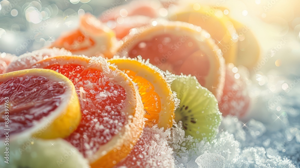 Beautifully arranged fruit slices on frozen surface, minimalistic design, photorealistic, ethereal, double exposure, frosty backdrop Beautifully arranged fruit slices on frozen surface, minimalistic design, photorealistic, ethereal, double exposure, frosty backdrop