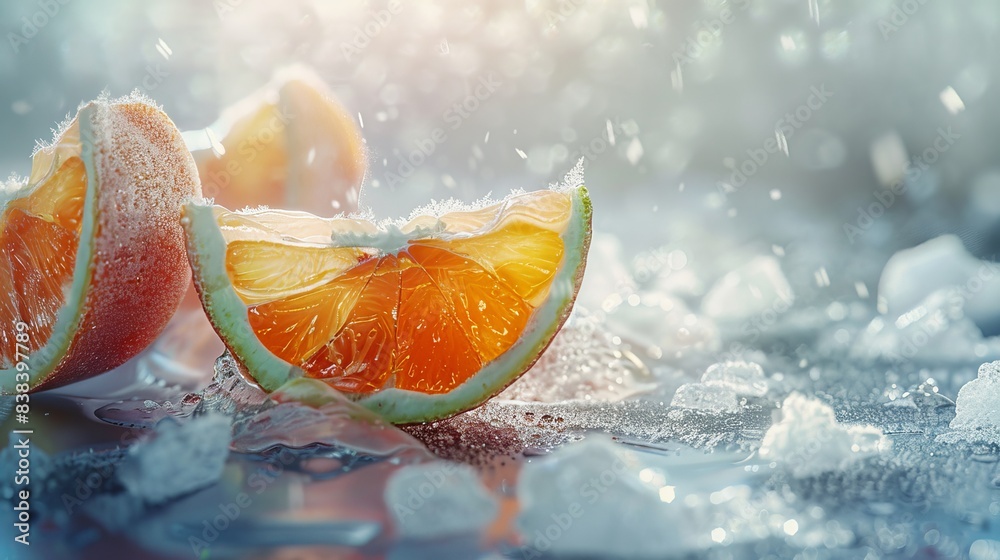 Beautifully arranged fruit slices on frozen surface, minimalistic design, photorealistic, ethereal, double exposure, frosty backdrop Beautifully arranged fruit slices on frozen surface, minimalistic design, photorealistic, ethereal, double exposure, frosty backdrop