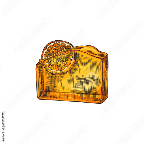 Vector hand-drawn sketch of handmade orange soap with organic orange essence on a white background.