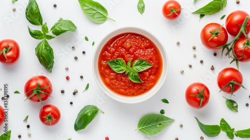 Clean and simple flat lay of fresh tomato sauce with basil and tomatoes, white background. Great for food-themed visuals and cooking blogs