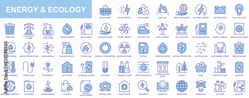Energy and ecology web icons set in duotone outline stroke design. Pack pictograms with solar panel, recyclable, gas fuel, save planet, accumulator, electric light, nuclear power. Vector illustration. photo