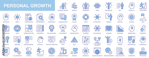 Personal growth web icons set in duotone outline stroke design. Pack pictograms with leadership, vision, mentor, skill, creativity, work hard, motivation, compensation, open mind. Vector illustration.