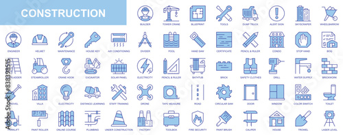 Construction web icons set in duotone outline stroke design. Pack pictograms with builder, tower crane, blueprint, tool, dump truck, skyscraper, wheelbarrow, engineer, house, key. Vector illustration.