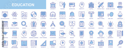 Education web icons set in duotone outline stroke design. Pack pictograms with university, teacher, school, creativity, wisdom, online course, e-learning, video tutorial, library. Vector illustration. photo