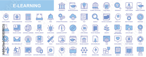 E-learning web icons set in duotone outline stroke design. Pack pictograms with university, online education, audio book, video lesson, learning, course, stream, network, podcast. Vector illustration.